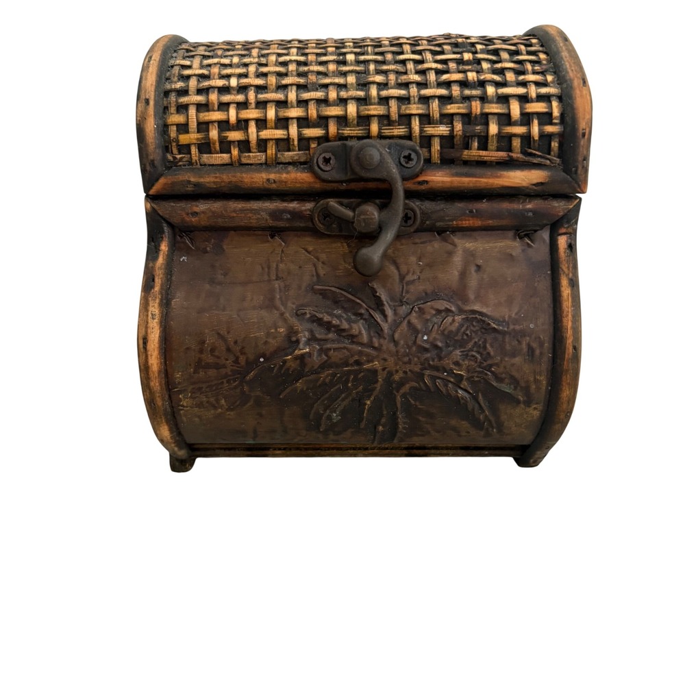 Sun n‎ Sand Small Wooden Treasure Chest Trinket Box Palm Tree Woven Wicker Brown